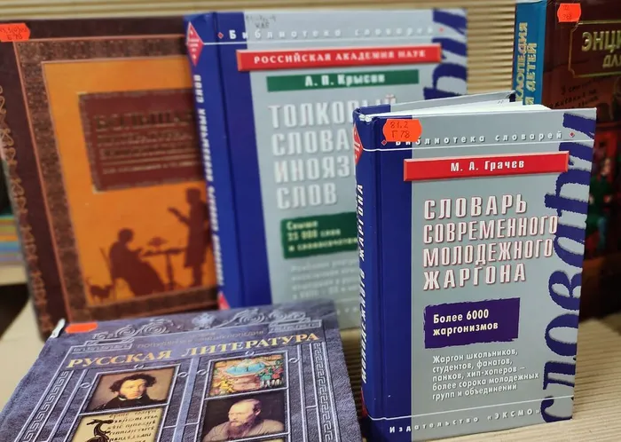 на фото представлены различные словари и энциклопедии